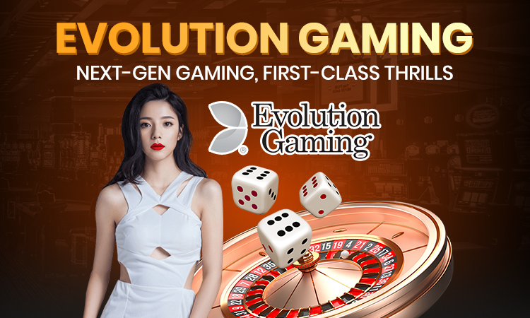 แบนเนอร์โปรโมชันของ Evolution Gaming โดยมีข้อความ "EVOLUTION GAMING" และโลโก้อยู่ด้านบน ดีลเลอร์สวมชุดขาวยืนข้างวงล้อรูเล็ต พร้อมลูกเต๋าลอยเหนือวงล้อและฉากพื้นหลังโทนสีน้ำตาลทอง สื่อถึงโบนัสและโปรโมชั่นพิเศษสำหรับผู้เล่น